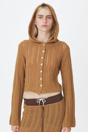 Enavant Crochet knit button-up hoodie cardigan in the color Brown